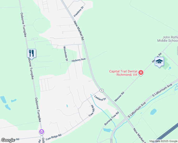 map of restaurants, bars, coffee shops, grocery stores, and more near 1583 New Market Road in Richmond