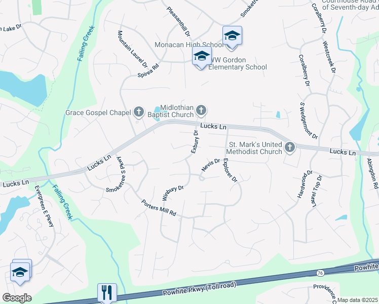 map of restaurants, bars, coffee shops, grocery stores, and more near 1406 Exbury Drive in Midlothian