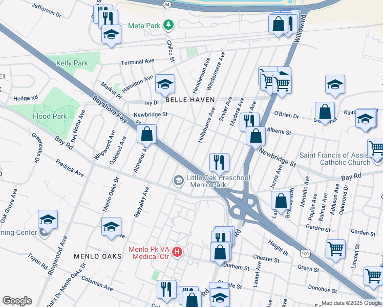 map of restaurants, bars, coffee shops, grocery stores, and more near 1114 Windermere Avenue in Menlo Park