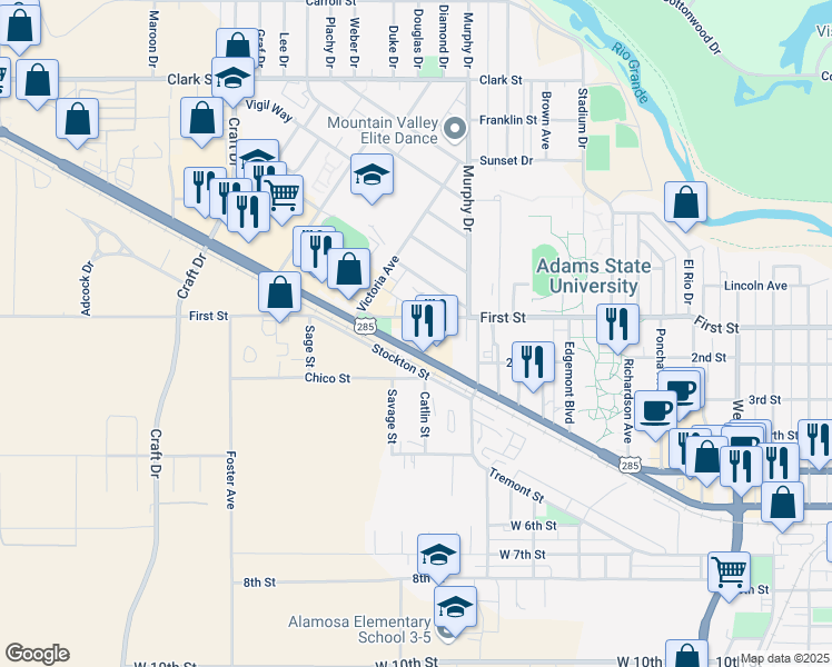 map of restaurants, bars, coffee shops, grocery stores, and more near 2048 1/2 First Street in Alamosa