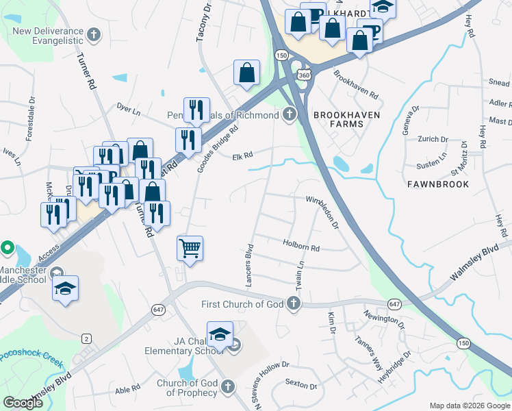 map of restaurants, bars, coffee shops, grocery stores, and more near 2428 Lancers Boulevard in Richmond