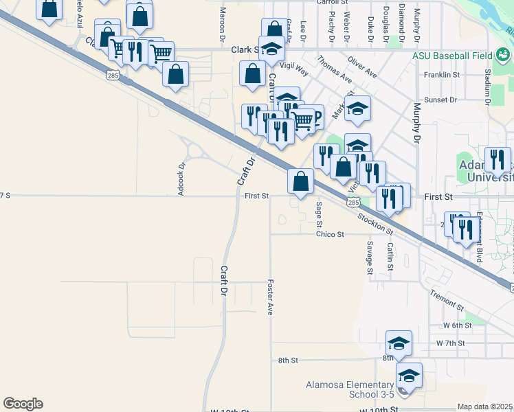map of restaurants, bars, coffee shops, grocery stores, and more near 2710 First Street in Alamosa