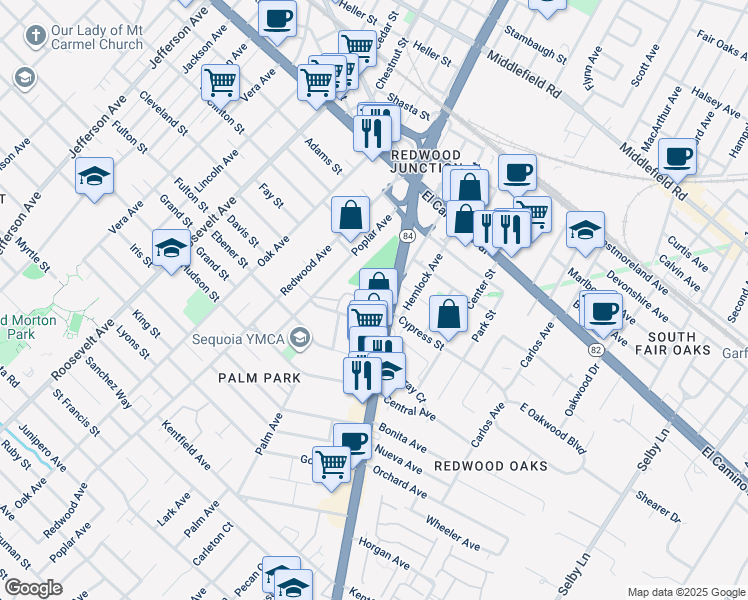 map of restaurants, bars, coffee shops, grocery stores, and more near 332 Woodside Road in Redwood City