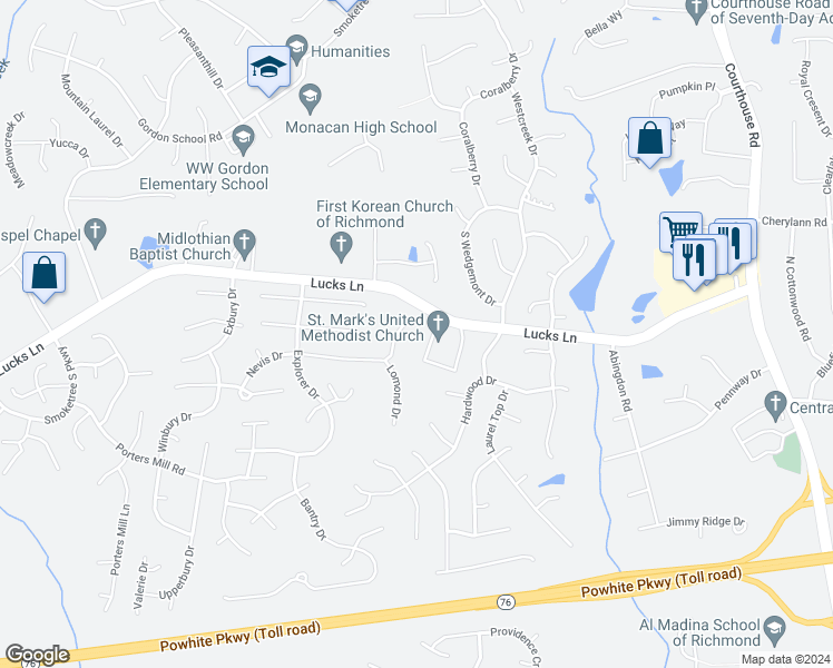map of restaurants, bars, coffee shops, grocery stores, and more near 11611 Lucks Lane in Midlothian