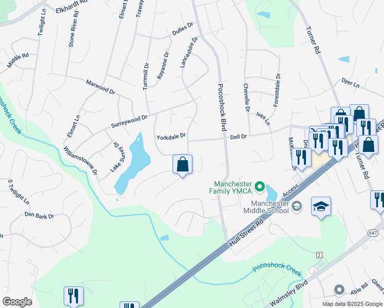 map of restaurants, bars, coffee shops, grocery stores, and more near 2217 Lancashire Drive in Richmond