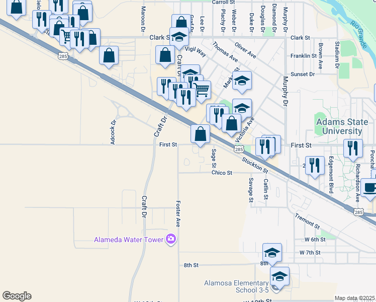 map of restaurants, bars, coffee shops, grocery stores, and more near 2520 First Street in Alamosa