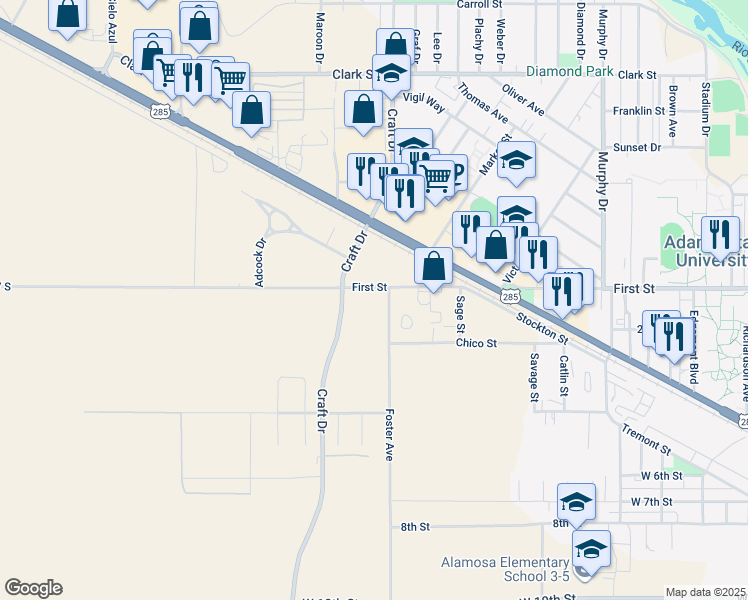 map of restaurants, bars, coffee shops, grocery stores, and more near 2710 First Street in Alamosa