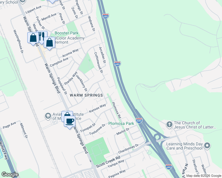 map of restaurants, bars, coffee shops, grocery stores, and more near 48425 Cottonwood Street in Fremont