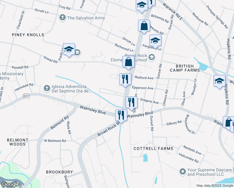 map of restaurants, bars, coffee shops, grocery stores, and more near 6405 Clayton Drive in Richmond