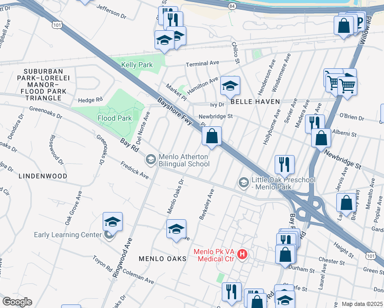 map of restaurants, bars, coffee shops, grocery stores, and more near 1041 Menlo Oaks Drive in Menlo Park