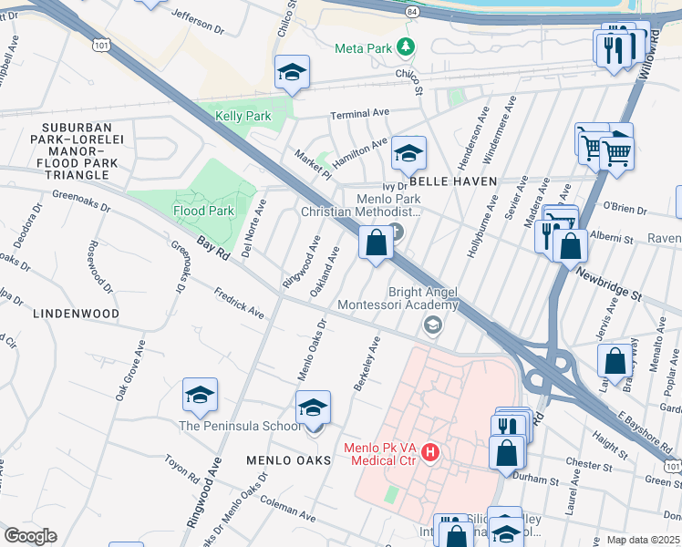 map of restaurants, bars, coffee shops, grocery stores, and more near 1041 Menlo Oaks Drive in Menlo Park