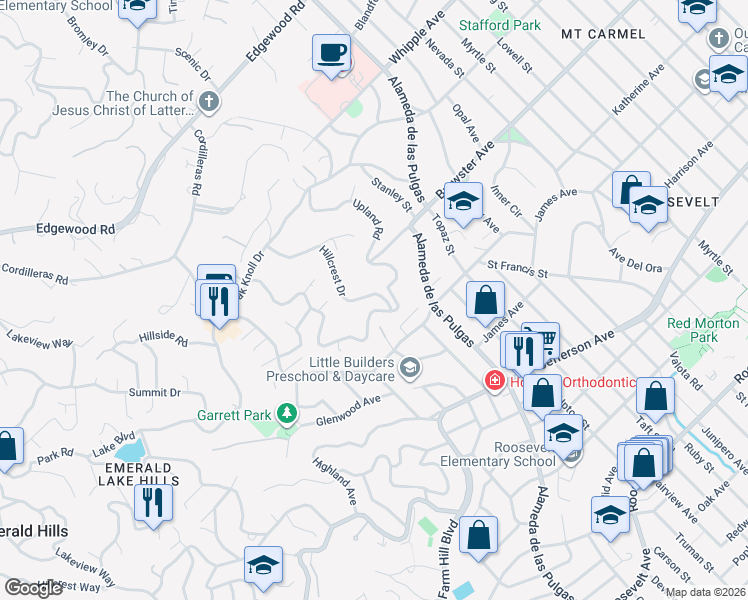 map of restaurants, bars, coffee shops, grocery stores, and more near 734 Hillcrest Drive in Redwood City