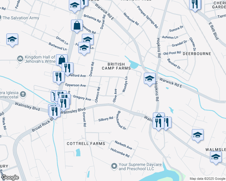 map of restaurants, bars, coffee shops, grocery stores, and more near 3240 Olive Avenue in Richmond