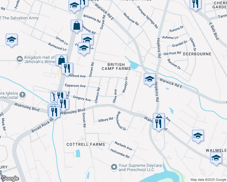 map of restaurants, bars, coffee shops, grocery stores, and more near 3240 Olive Avenue in Richmond