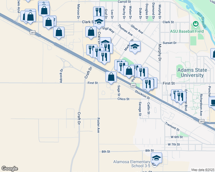 map of restaurants, bars, coffee shops, grocery stores, and more near 2520 First Street in Alamosa
