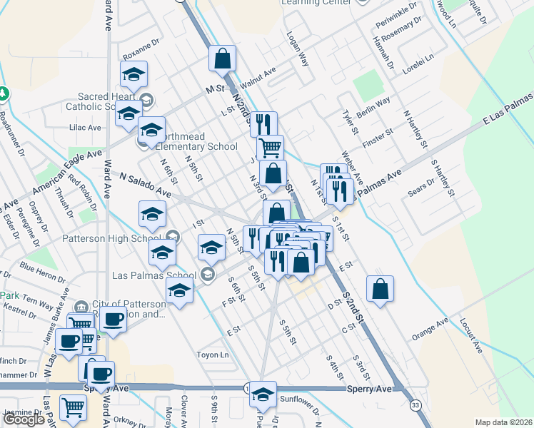 map of restaurants, bars, coffee shops, grocery stores, and more near 39 North 3rd Street in Patterson