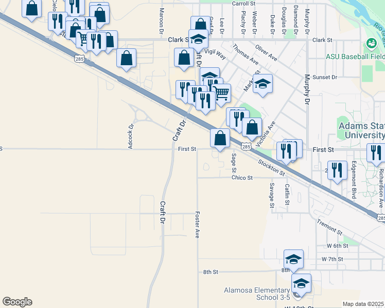 map of restaurants, bars, coffee shops, grocery stores, and more near 2710 First Street in Alamosa