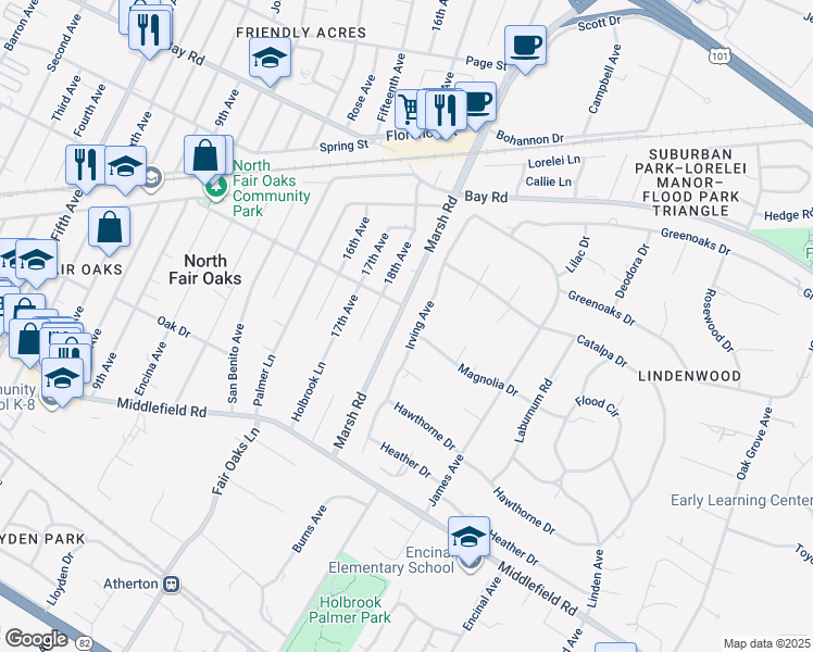 map of restaurants, bars, coffee shops, grocery stores, and more near 55 Irving Avenue in Atherton