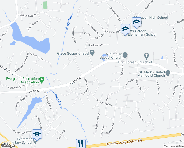 map of restaurants, bars, coffee shops, grocery stores, and more near 1307 Lockett Ridge Road in Midlothian