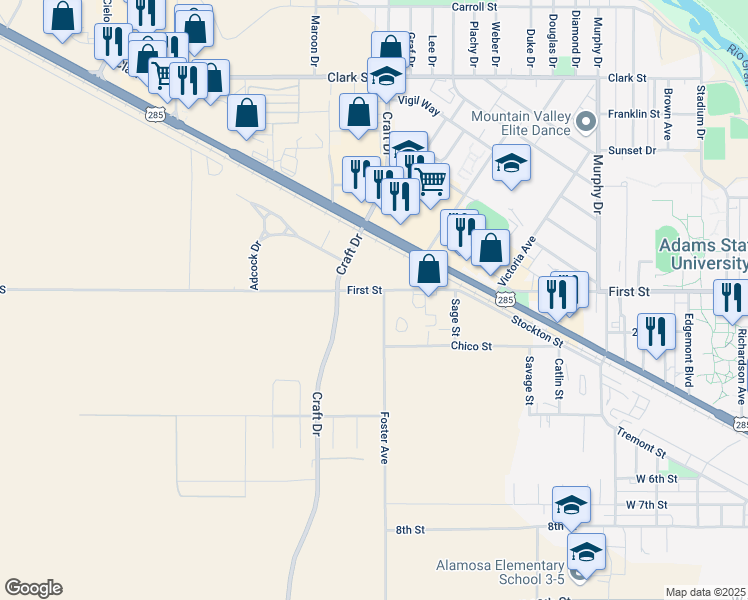 map of restaurants, bars, coffee shops, grocery stores, and more near 2710 First Street in Alamosa