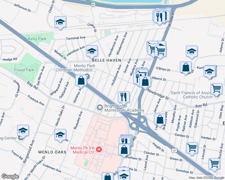 map of restaurants, bars, coffee shops, grocery stores, and more near 1135 Sevier Avenue in Menlo Park