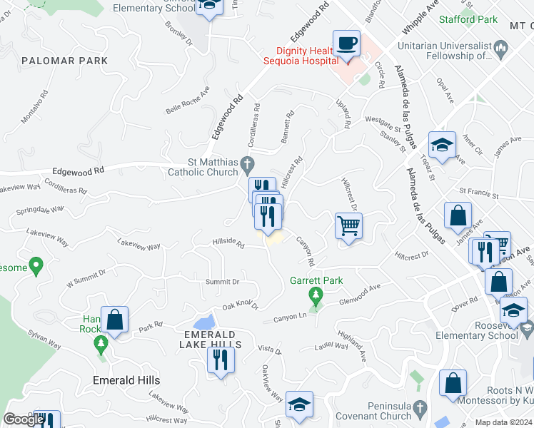 map of restaurants, bars, coffee shops, grocery stores, and more near 3146 Oak Knoll Drive in Redwood City