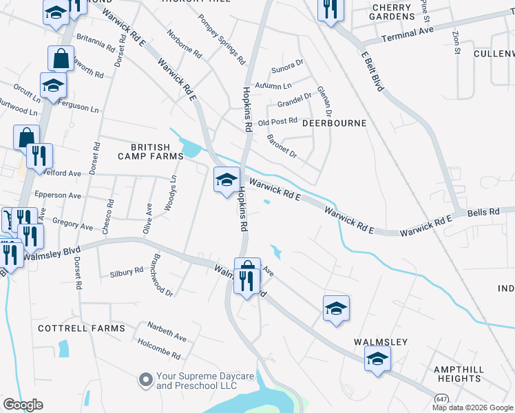 map of restaurants, bars, coffee shops, grocery stores, and more near 3325 Hopkins Road in Richmond