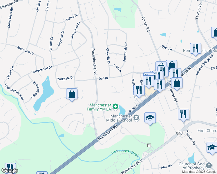 map of restaurants, bars, coffee shops, grocery stores, and more near 2205 Bowlin Court in Richmond