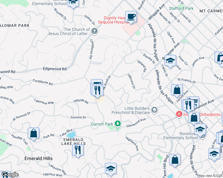 map of restaurants, bars, coffee shops, grocery stores, and more near 965 Upland Road in Redwood City