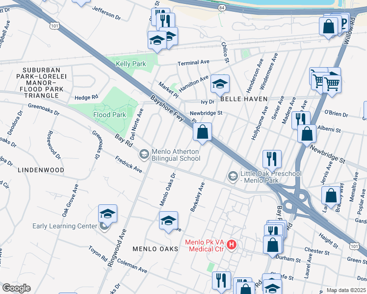 map of restaurants, bars, coffee shops, grocery stores, and more near 1043 Menlo Oaks Drive in Menlo Park