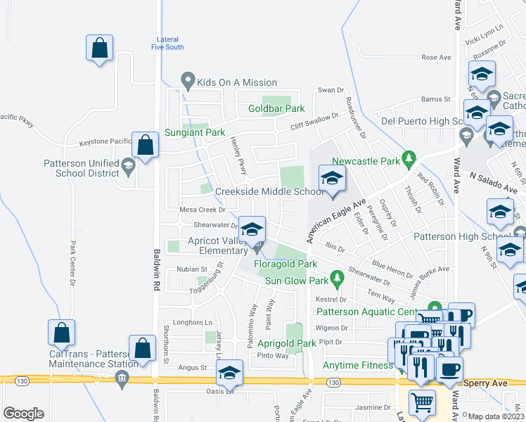 map of restaurants, bars, coffee shops, grocery stores, and more near 433 Meadow Creek Drive in Patterson