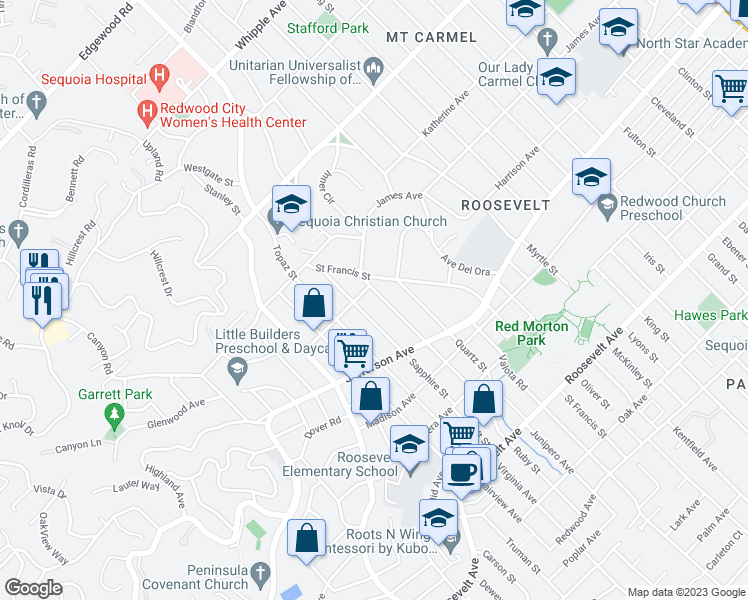 map of restaurants, bars, coffee shops, grocery stores, and more near 464 Ruby Street in Redwood City