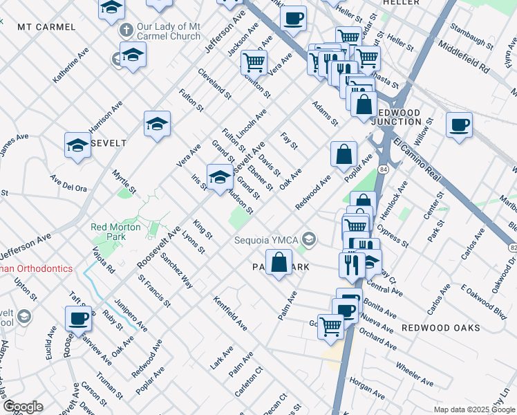map of restaurants, bars, coffee shops, grocery stores, and more near 1183 Hudson Street in Redwood City