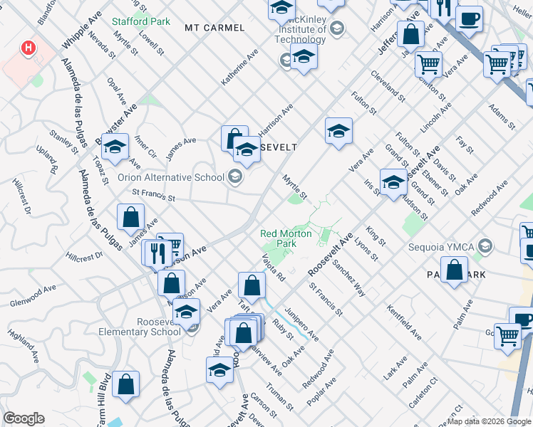 map of restaurants, bars, coffee shops, grocery stores, and more near 1406 Madison Avenue in Redwood City