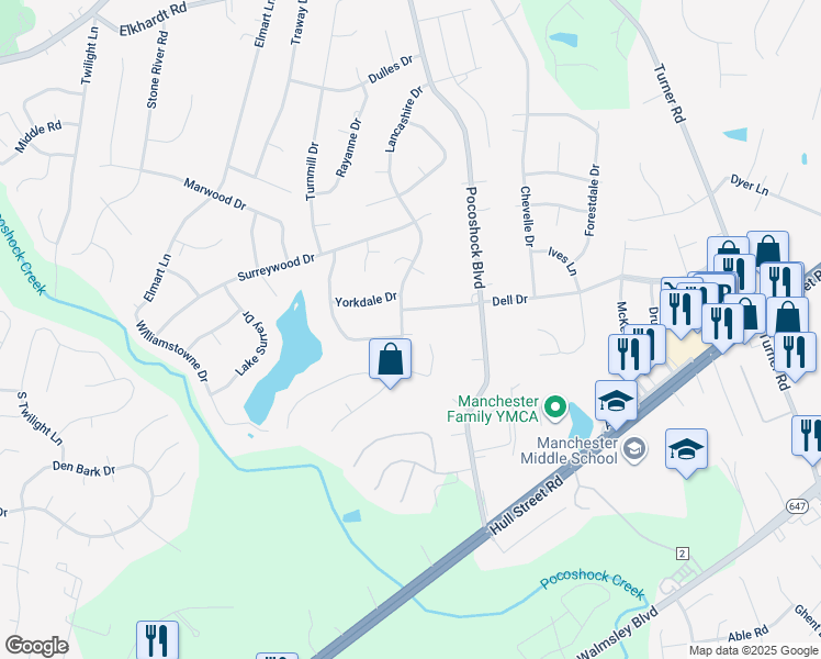 map of restaurants, bars, coffee shops, grocery stores, and more near 2209 Lancashire Drive in Richmond