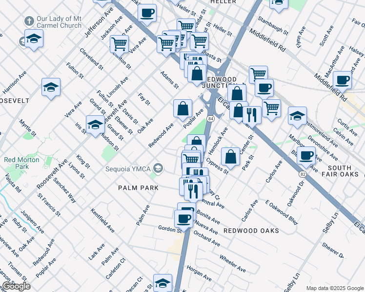 map of restaurants, bars, coffee shops, grocery stores, and more near 333 Poplar Avenue in Redwood City