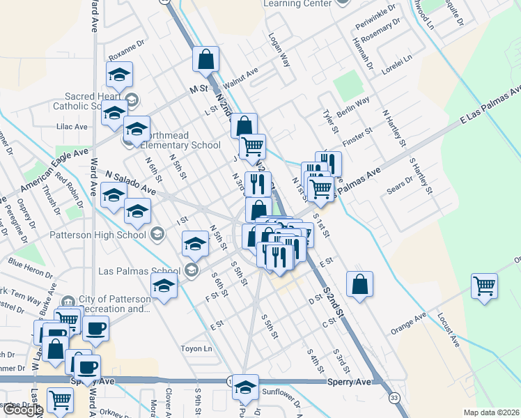 map of restaurants, bars, coffee shops, grocery stores, and more near 39 N 3rd St in Patterson