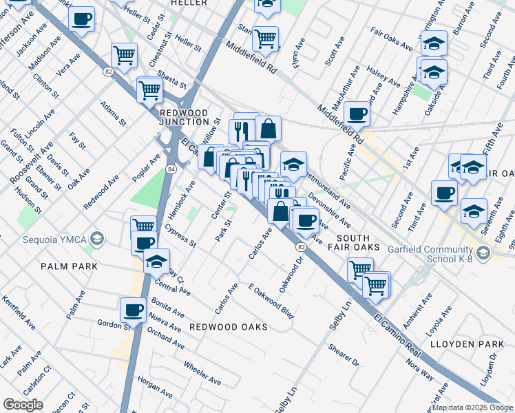 map of restaurants, bars, coffee shops, grocery stores, and more near 2580 El Camino Real in Redwood City