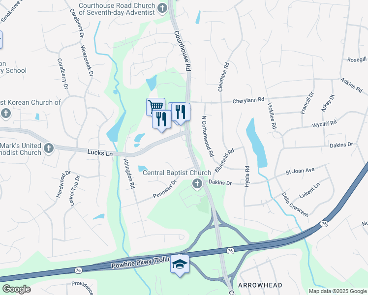 map of restaurants, bars, coffee shops, grocery stores, and more near 1218 Courthouse Road in Richmond