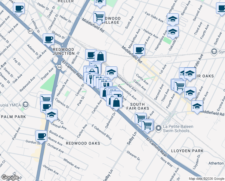 map of restaurants, bars, coffee shops, grocery stores, and more near 2713 Marlborough Avenue in Redwood City