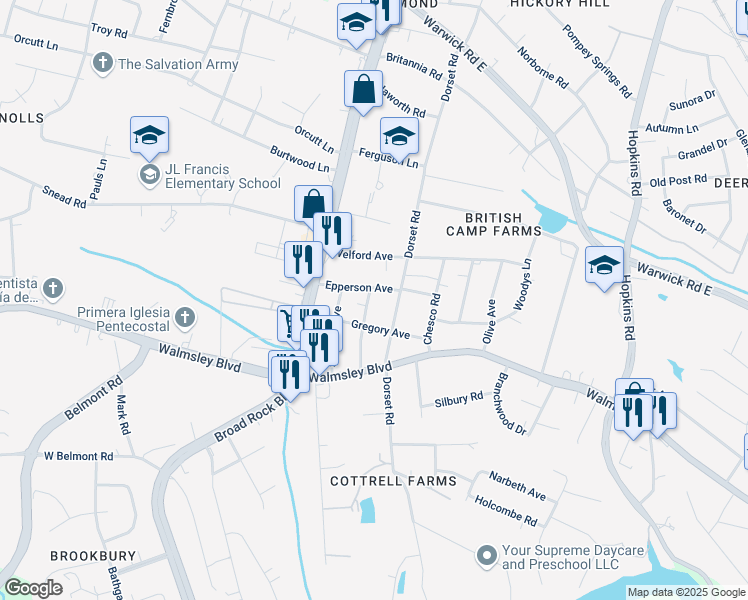 map of restaurants, bars, coffee shops, grocery stores, and more near 3207 Watson Avenue in Richmond