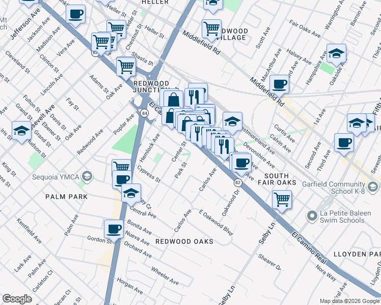 map of restaurants, bars, coffee shops, grocery stores, and more near 101 Center Street in Redwood City