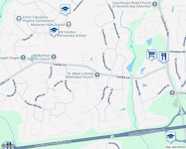 map of restaurants, bars, coffee shops, grocery stores, and more near 11611 Lucks Lane in Midlothian
