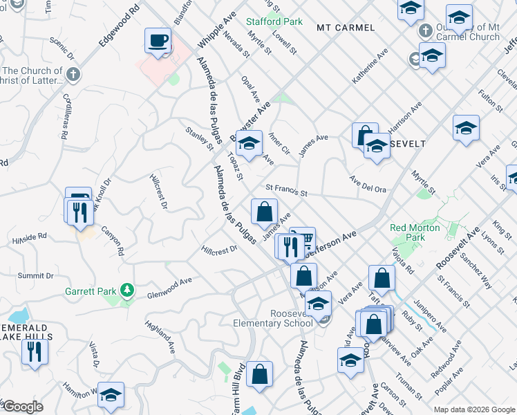 map of restaurants, bars, coffee shops, grocery stores, and more near 362 Topaz Street in Redwood City