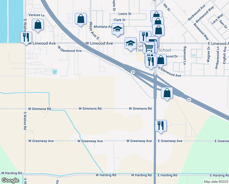 map of restaurants, bars, coffee shops, grocery stores, and more near 445 West Simmons Road in Turlock