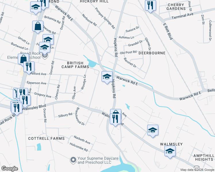 map of restaurants, bars, coffee shops, grocery stores, and more near 3400 Hopkins Road in Richmond