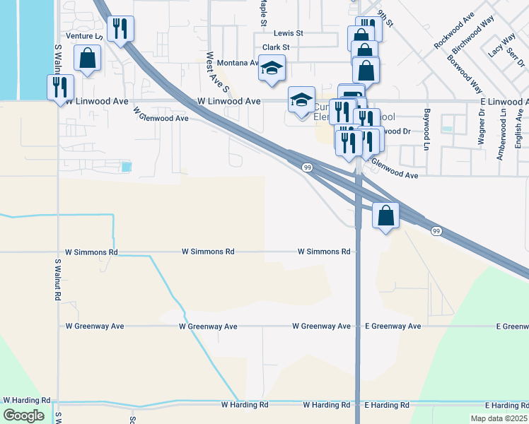 map of restaurants, bars, coffee shops, grocery stores, and more near 445 West Simmons Road in Turlock