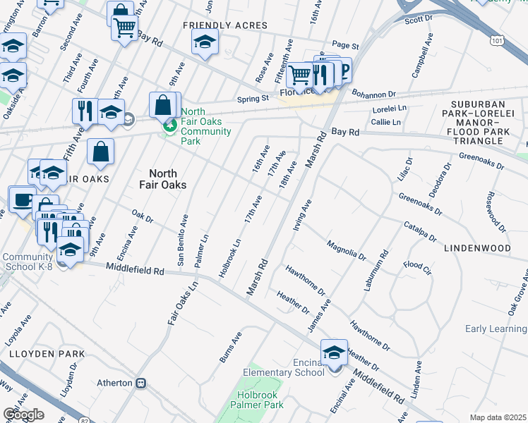 map of restaurants, bars, coffee shops, grocery stores, and more near 655 18th Avenue in Menlo Park