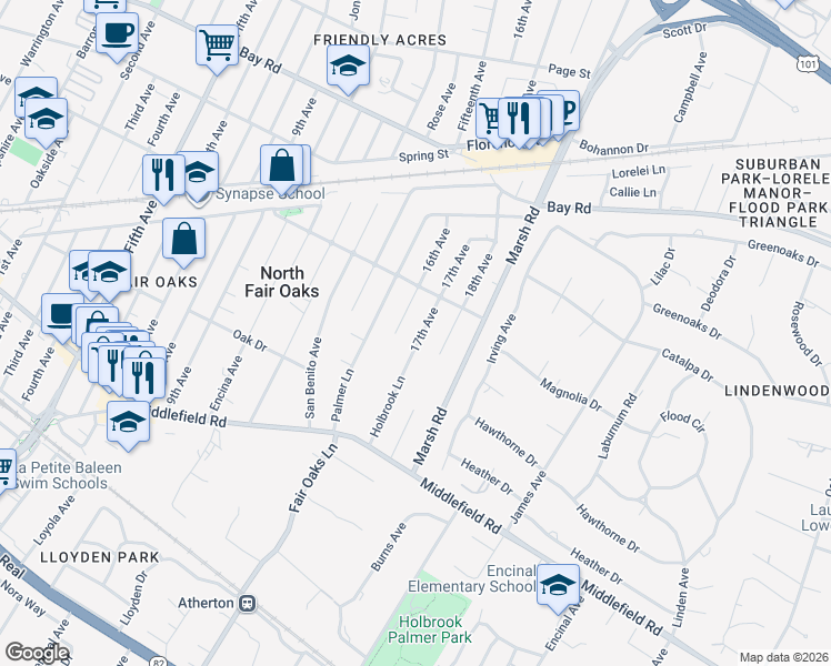 map of restaurants, bars, coffee shops, grocery stores, and more near 627 17th Avenue in Menlo Park