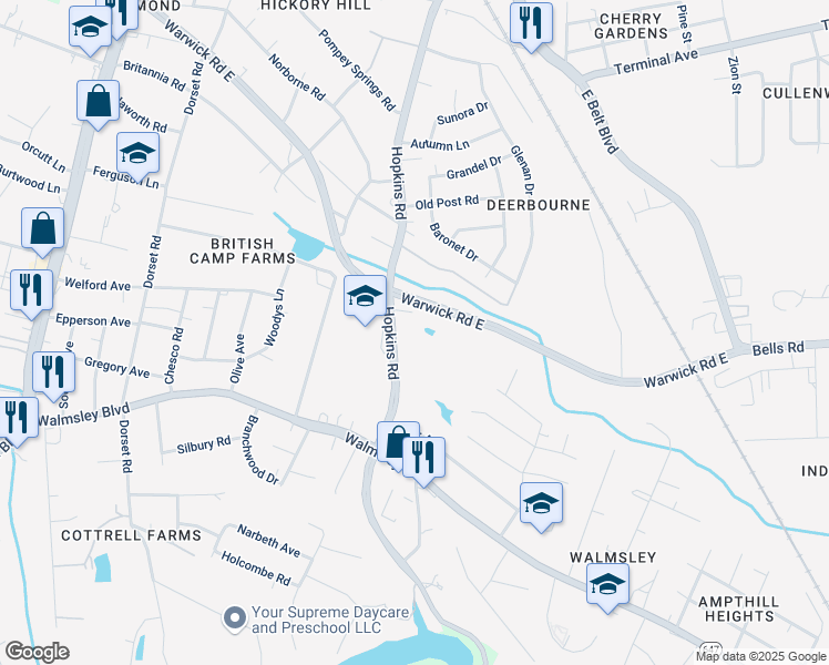 map of restaurants, bars, coffee shops, grocery stores, and more near 3325 Hopkins Road in Richmond